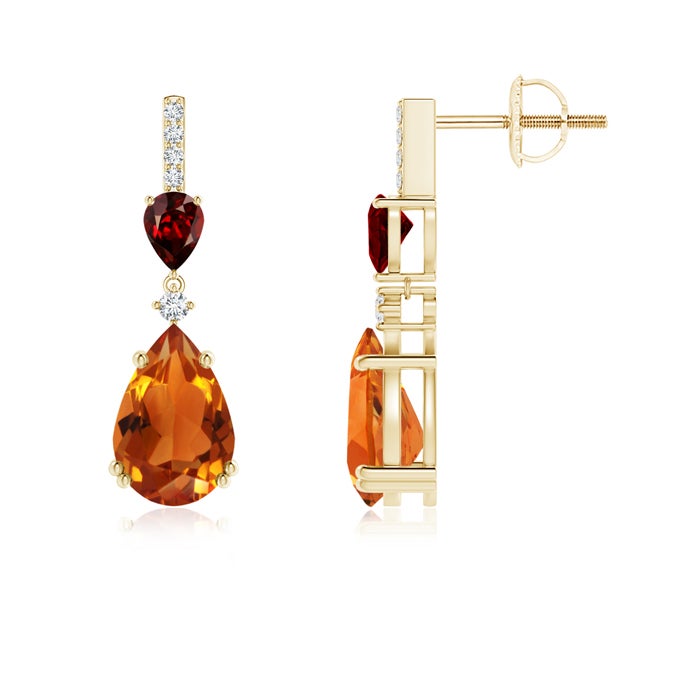 9x6mm AAAA Pear-Shaped Citrine and Garnet Drop Earrings with Diamonds in Yellow Gold