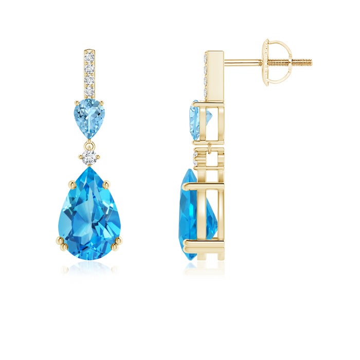9x6mm AAAA Pear-Shaped Swiss Blue Topaz and Aquamarine Drop Earrings in Yellow Gold