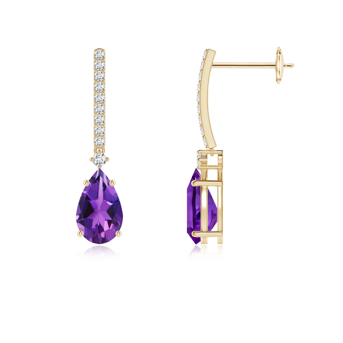8x5mm AAAA Solitaire Pear Amethyst Drop Earrings with Diamonds in Yellow Gold