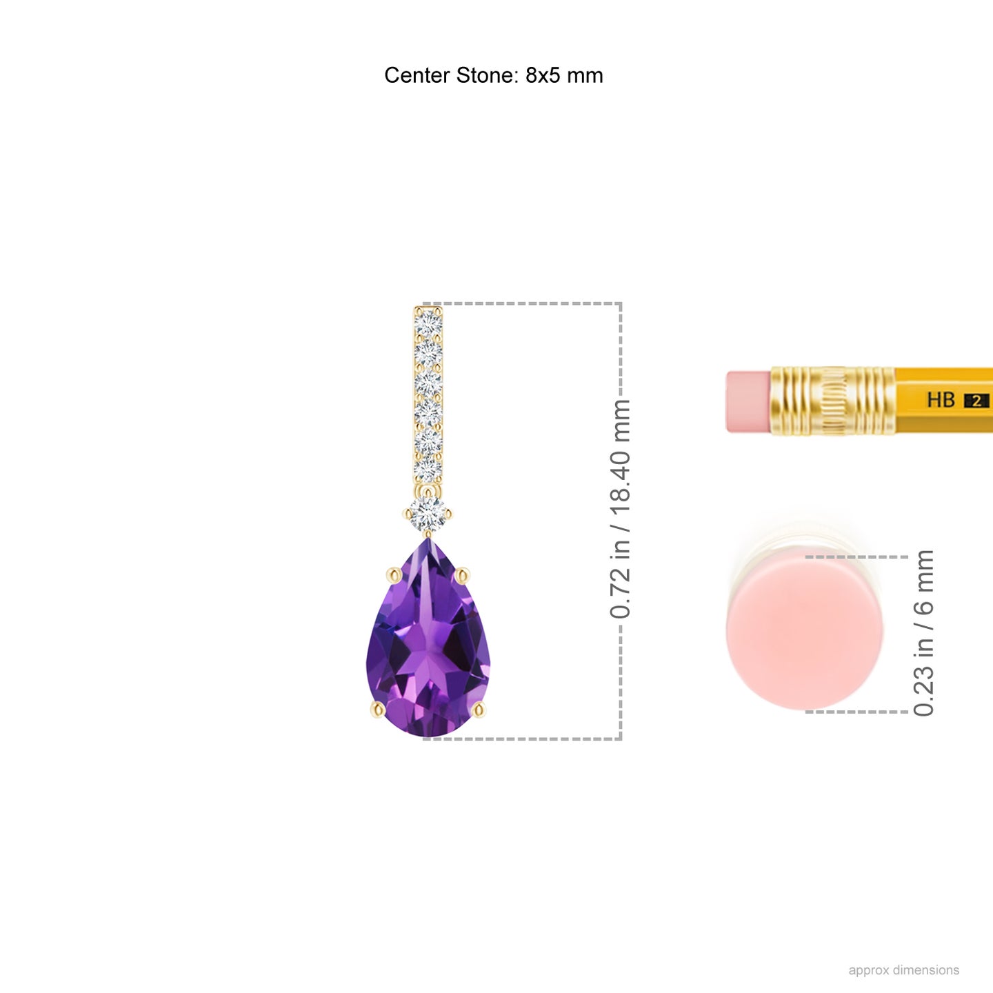 8x5mm AAAA Solitaire Pear Amethyst Drop Earrings with Diamonds in Yellow Gold