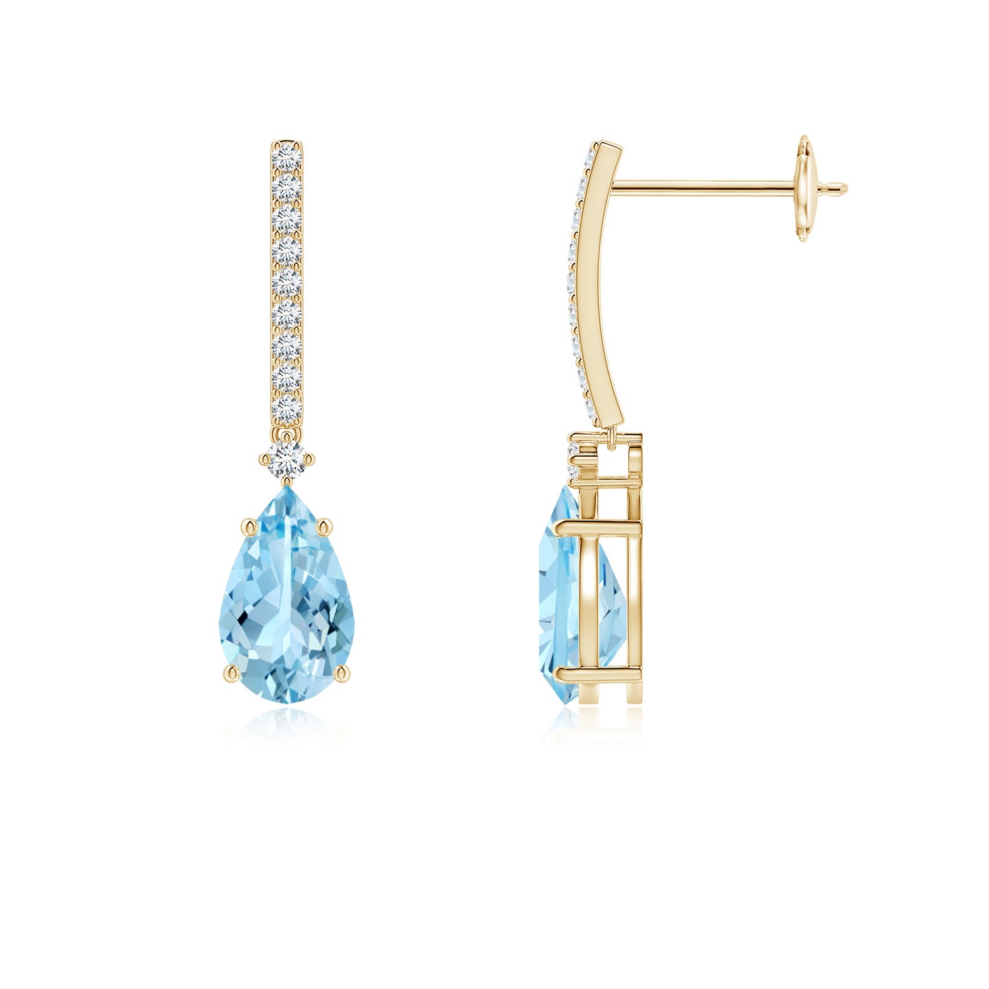 8x5mm AAAA Solitaire Pear Aquamarine Drop Earrings with Diamonds in Yellow Gold