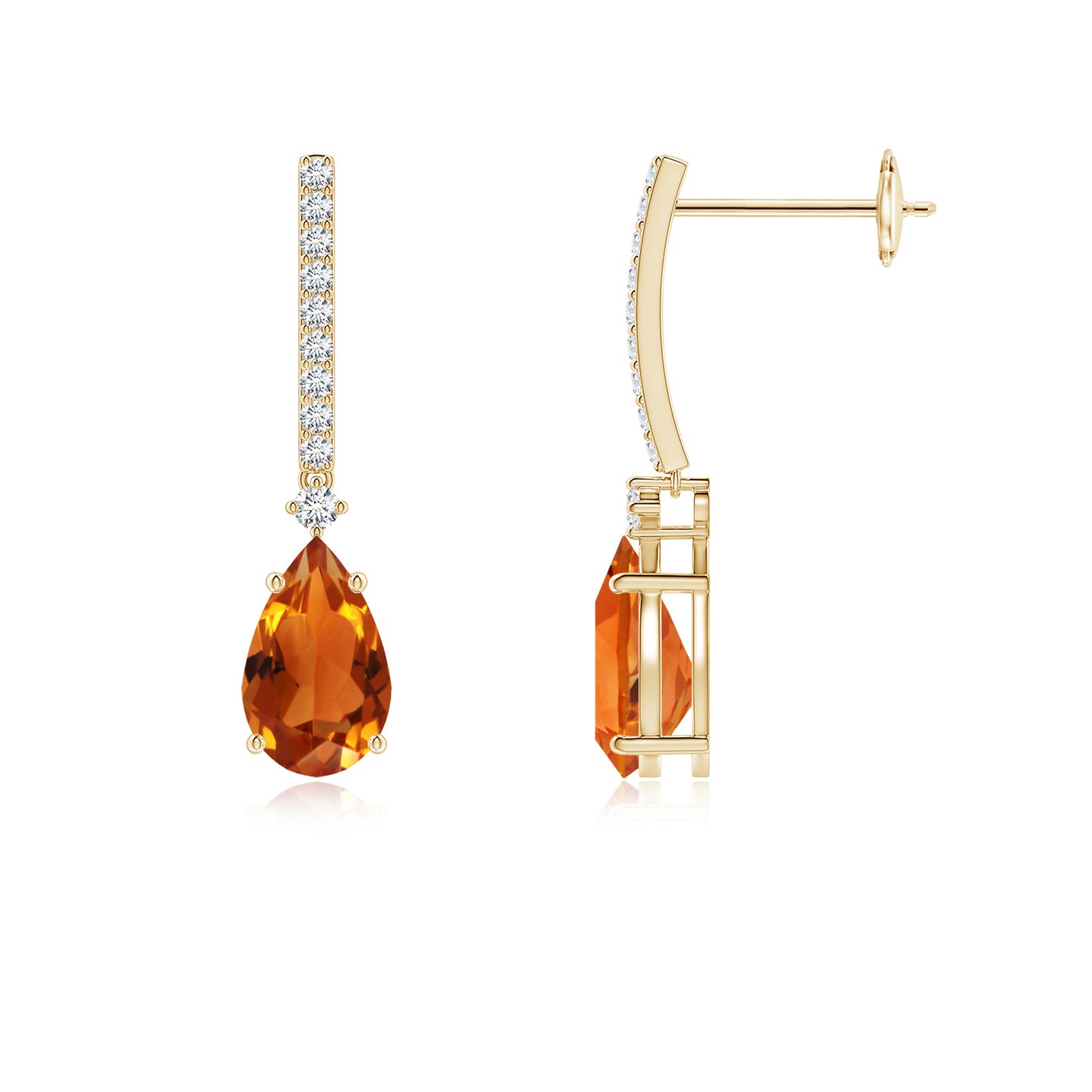 8x5mm AAAA Solitaire Pear Citrine Drop Earrings with Diamonds in Yellow Gold