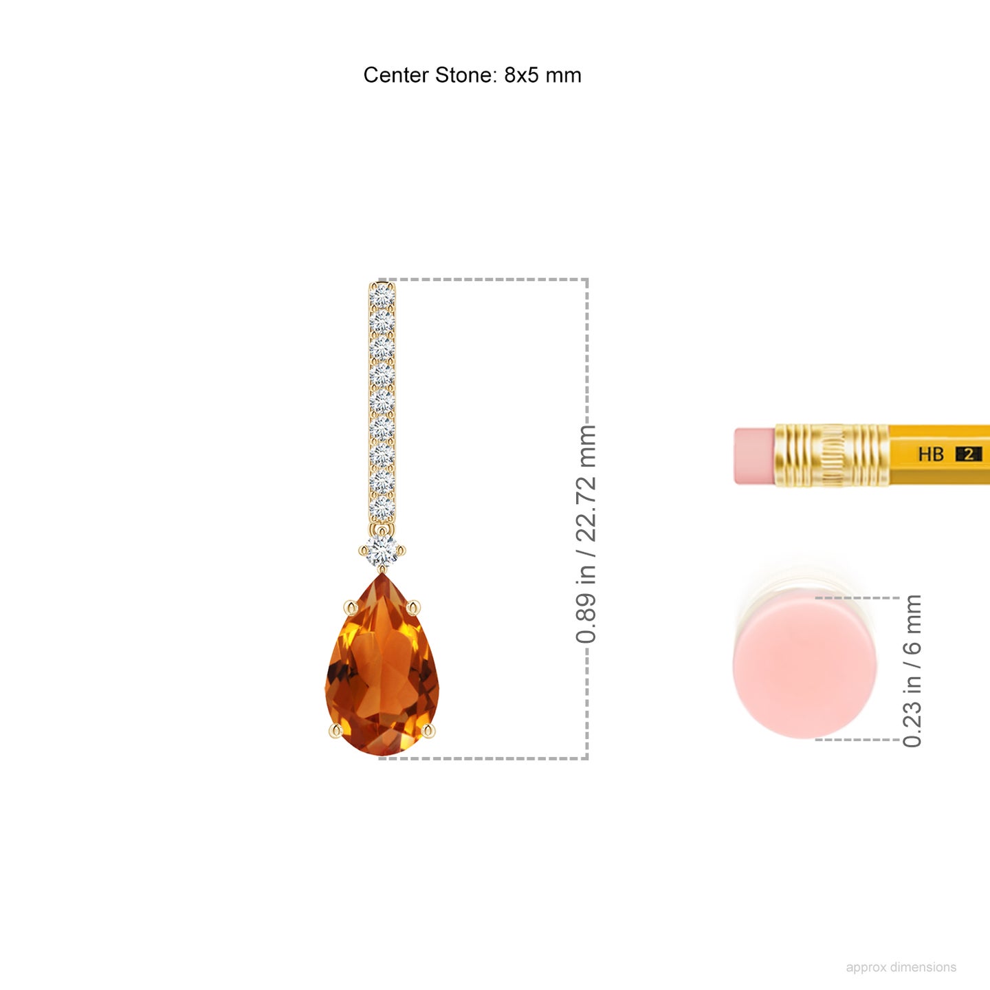 8x5mm AAAA Solitaire Pear Citrine Drop Earrings with Diamonds in Yellow Gold