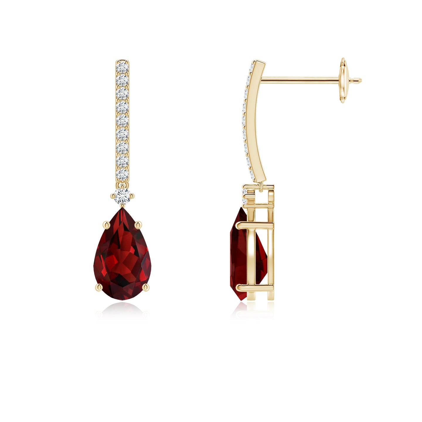 8x5mm AAAA Solitaire Pear Garnet Drop Earrings with Diamonds in Yellow Gold