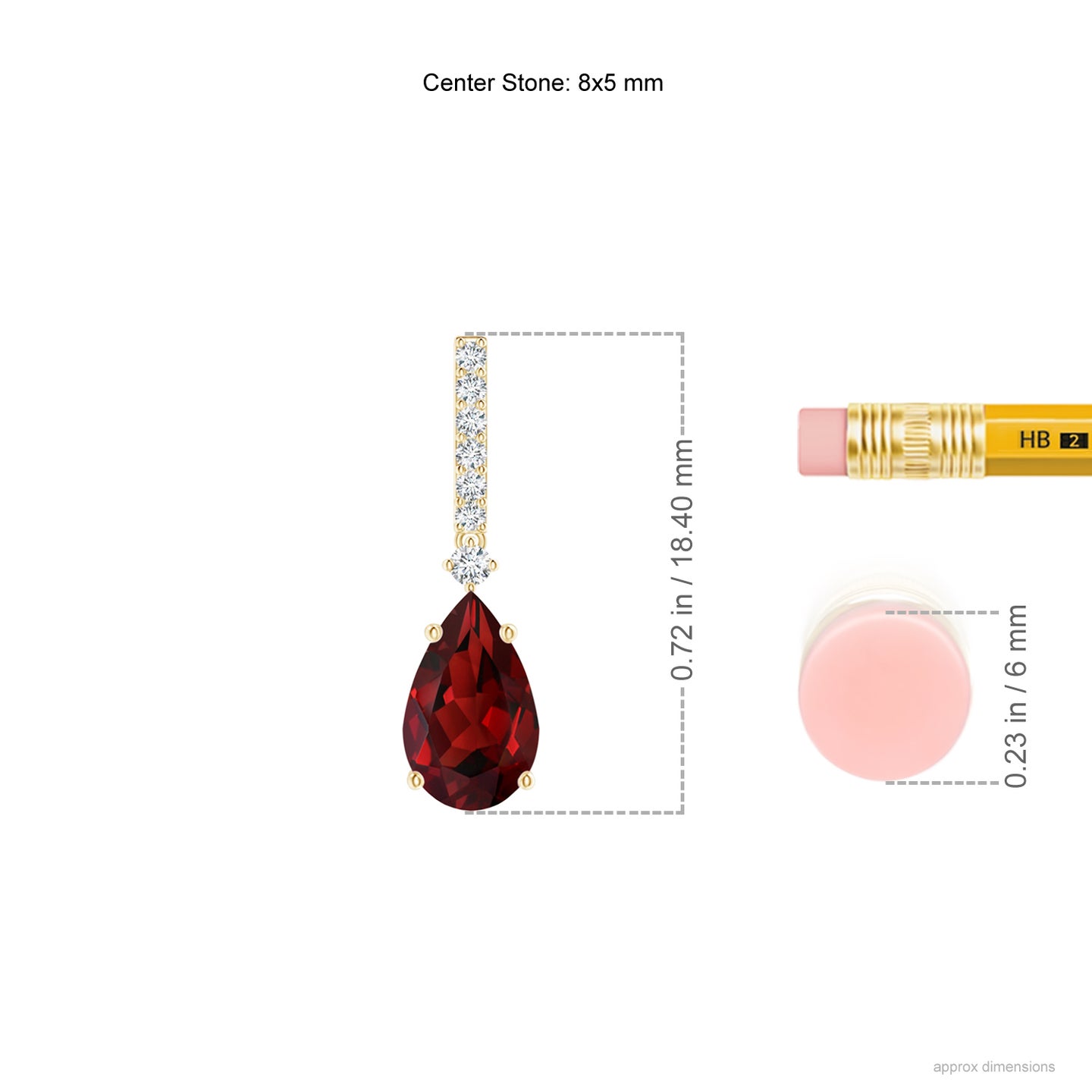 8x5mm AAAA Solitaire Pear Garnet Drop Earrings with Diamonds in Yellow Gold