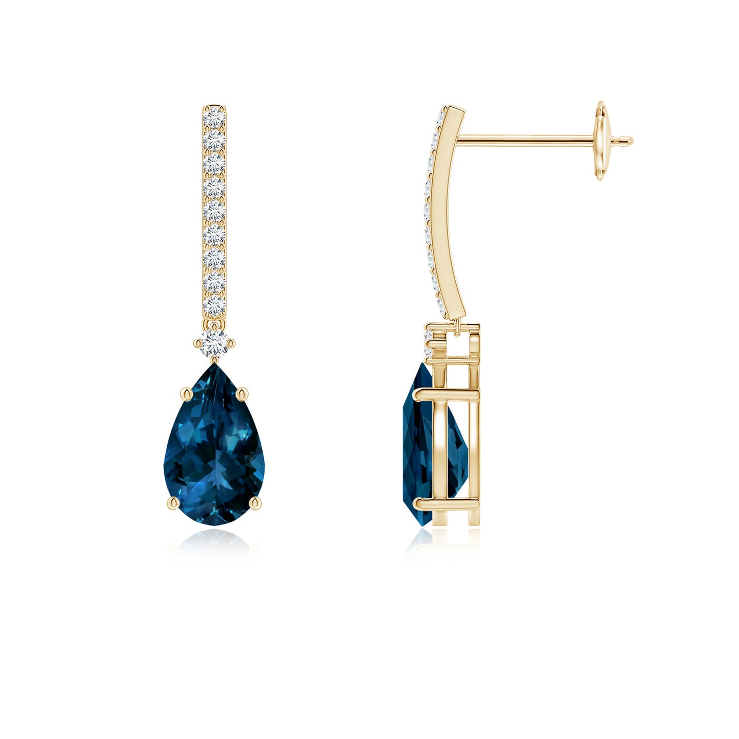 8x5mm AAAA Pear-Shaped London Blue Topaz Earrings with Diamond Accents in Yellow Gold