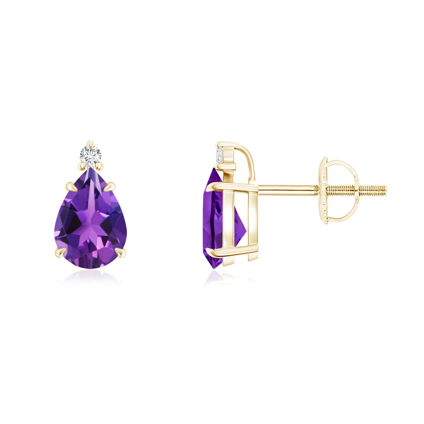 7x5mm AAAA Classic Claw-Set Pear Amethyst Solitaire Stud Earrings in Yellow Gold