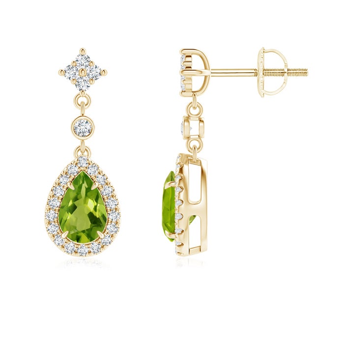 6x4mm AAAA Claw-Set Pear Peridot and Diamond Halo Drop Earrings in Yellow Gold 6x4mm AAAA Claw-Set Pear Peridot and Diamond Halo Drop Earrings in Yellow Gold