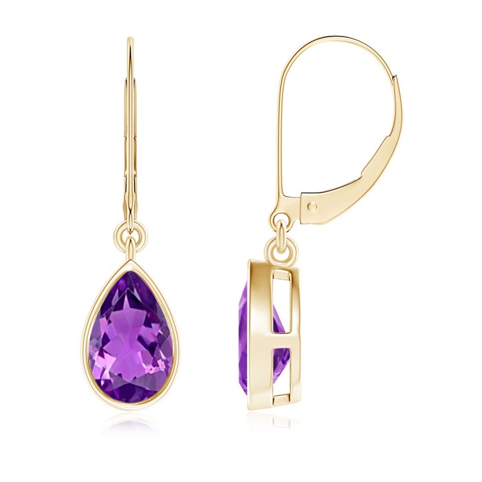 8x5mm AAAA Bezel-Set Pear Amethyst Leverback Drop Earrings in Yellow Gold