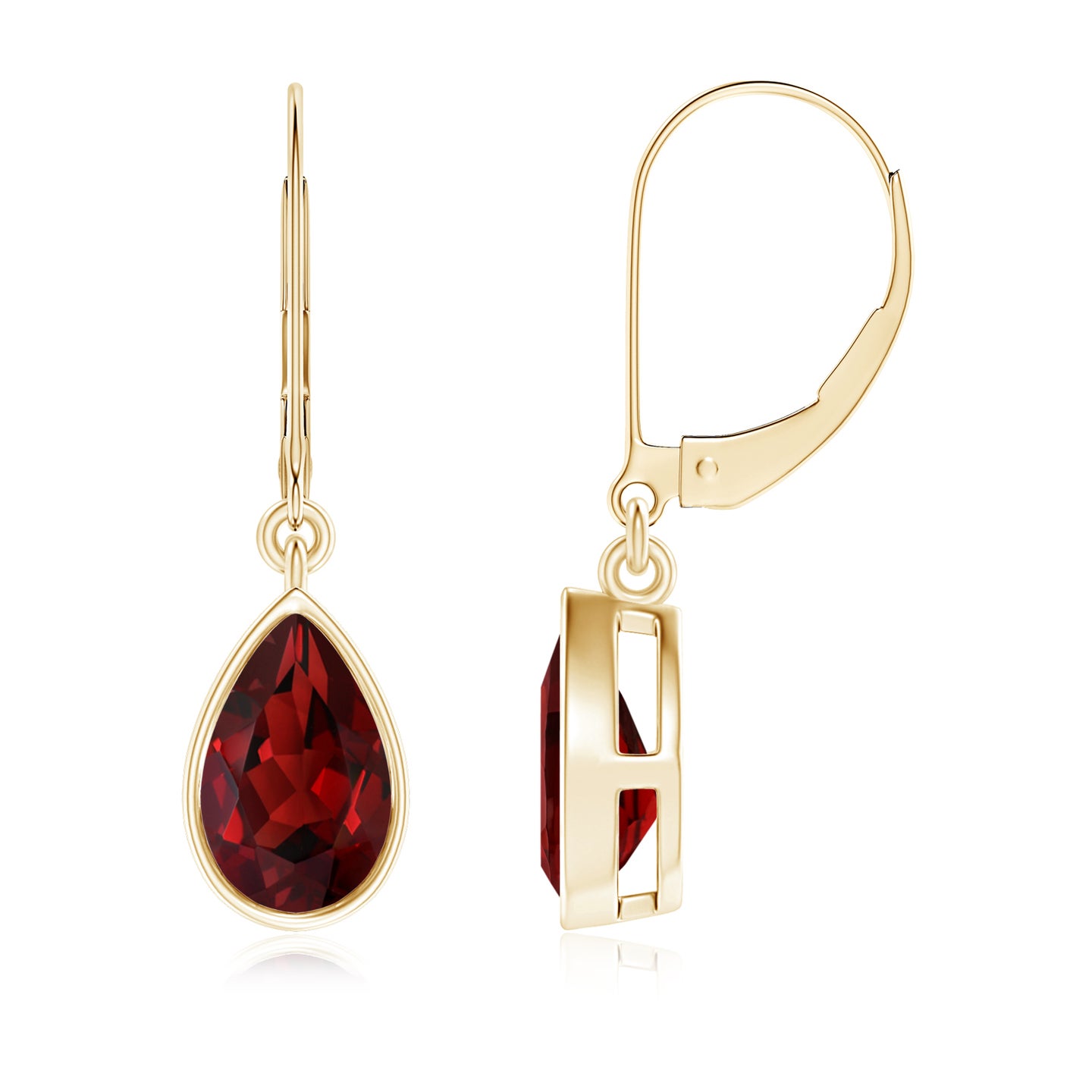 8x5mm AAAA Bezel-Set Pear Garnet Leverback Drop Earrings in Yellow Gold