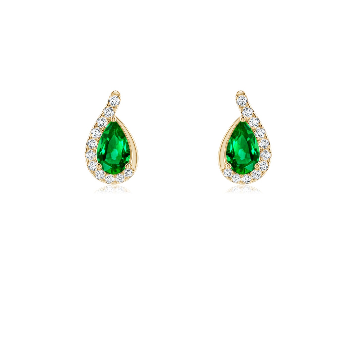 5x3mm AAAA Pear Emerald Earrings with Diamond Swirl Frame in Yellow Gold