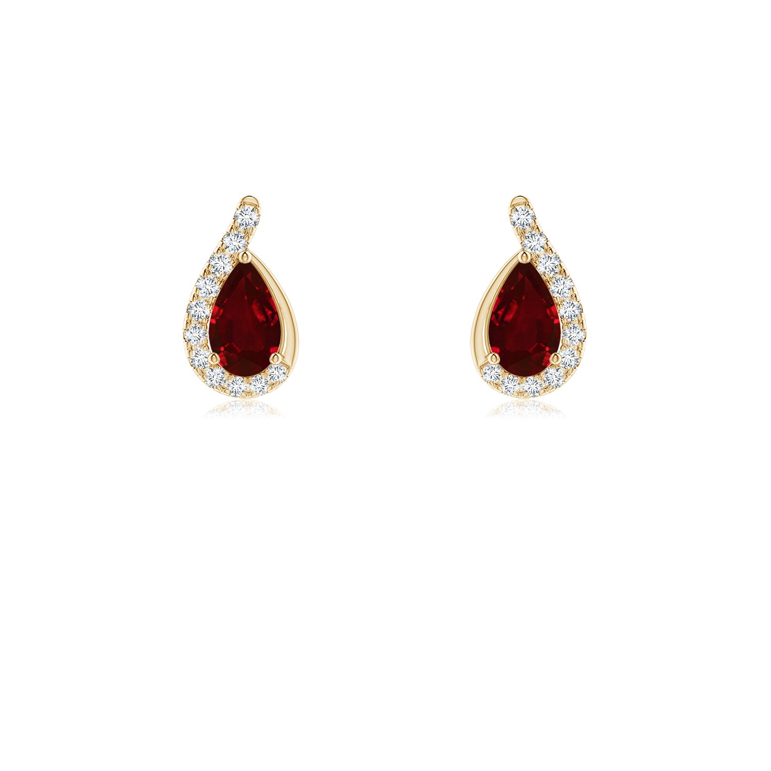 Pear Ruby earrings with Diamond Swirl Frame | Angara India