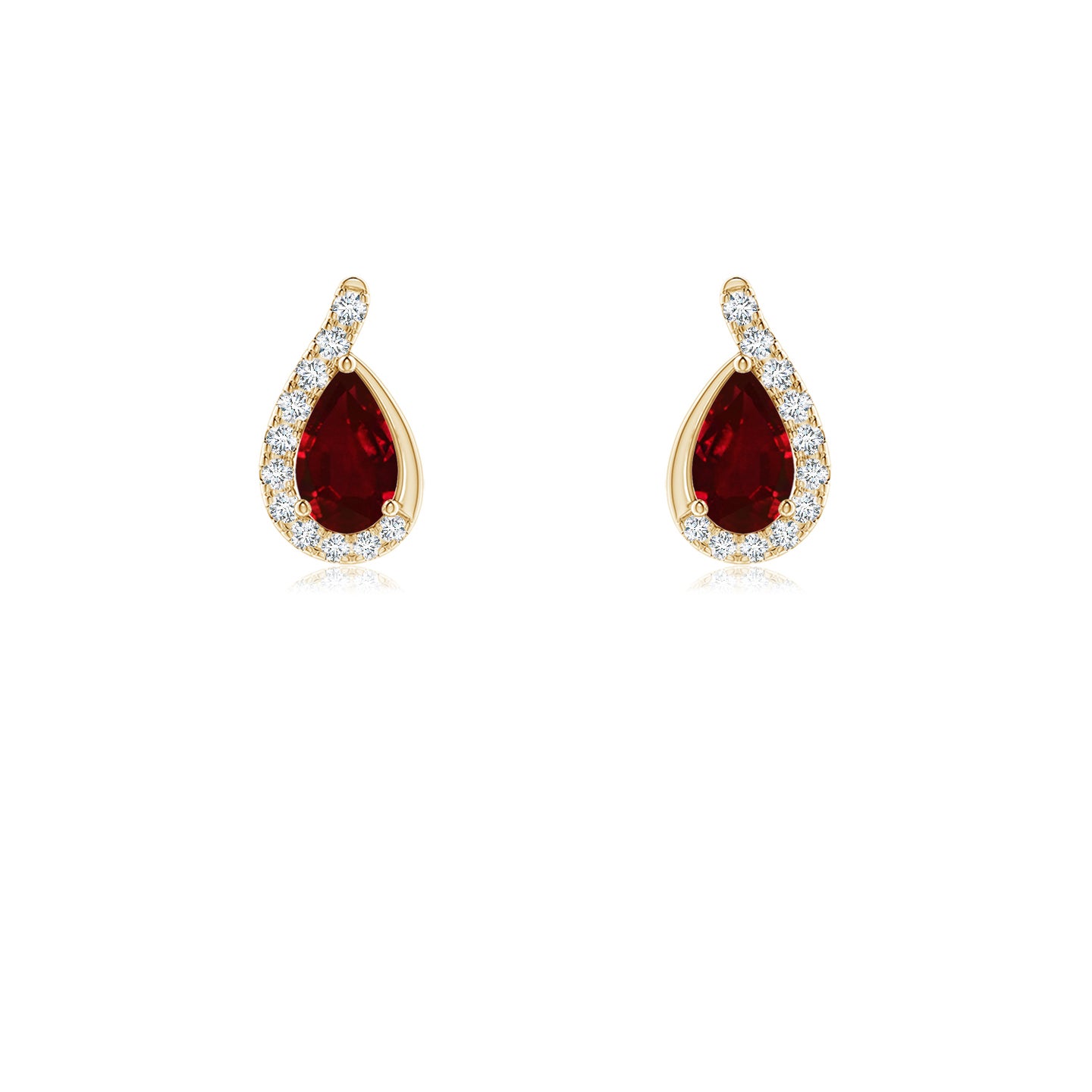5x3mm AAAA Pear Ruby Earrings with Diamond Swirl Frame in Yellow Gold