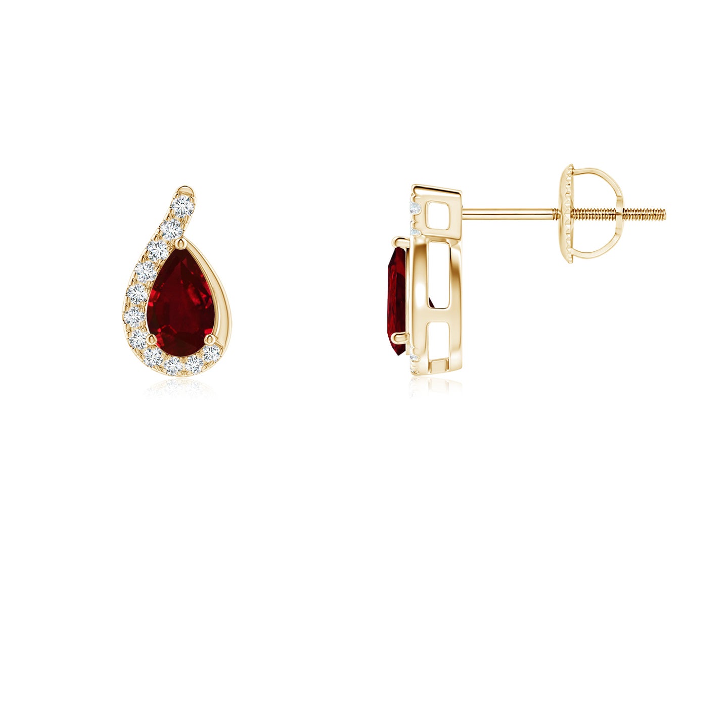 5x3mm AAAA Pear Ruby Earrings with Diamond Swirl Frame in Yellow Gold