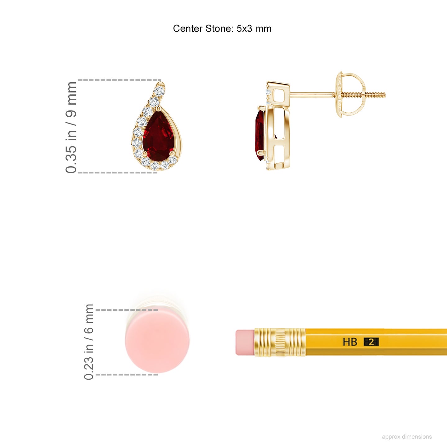 5x3mm AAAA Pear Ruby Earrings with Diamond Swirl Frame in Yellow Gold