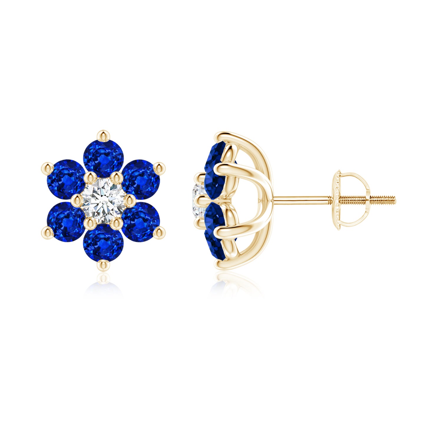 Lab-Grown Six Petal Blue Sapphire and Lab Diamond Flower Stud Earrings