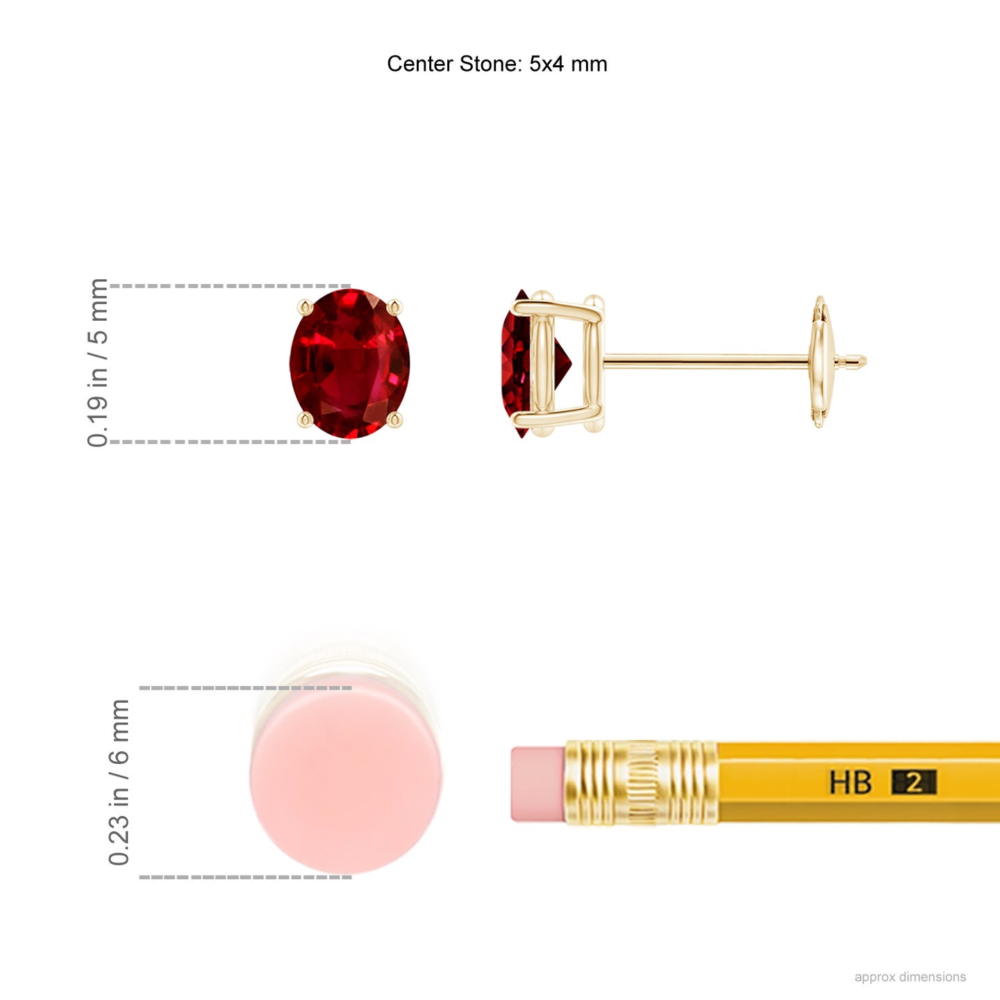 5x4mm AAAA Prong-Set Solitaire Oval Ruby Stud Earrings in Yellow Gold