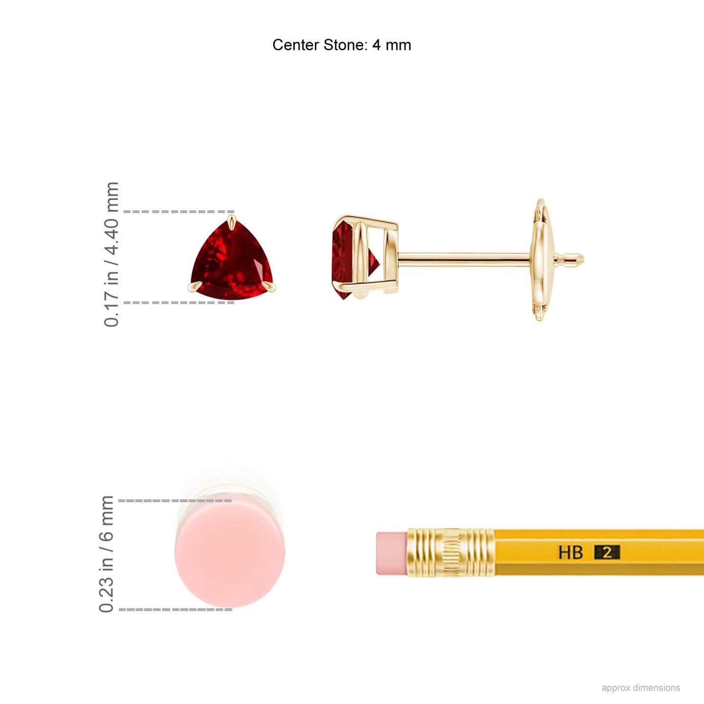 4mm AAAA Claw-Set Trillion Ruby Stud Earrings in Yellow Gold