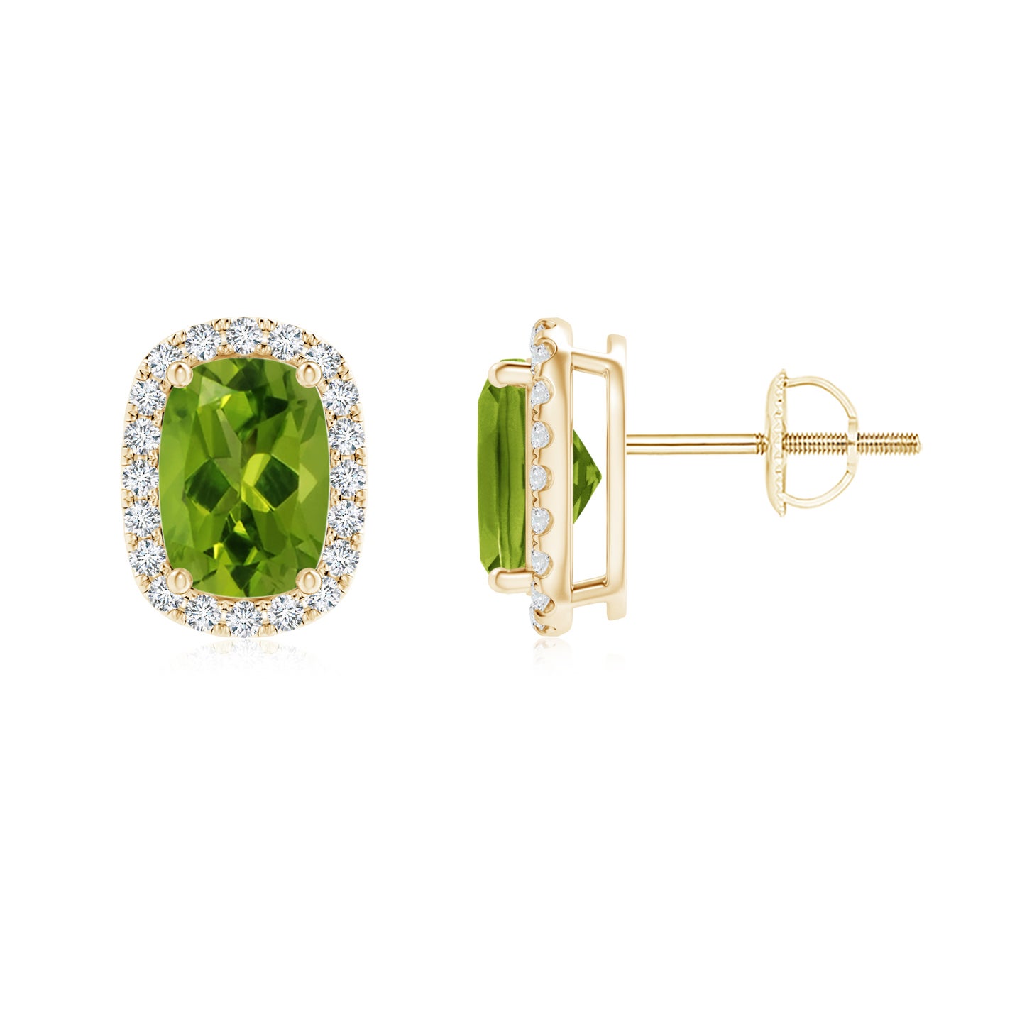Cushion Peridot Stud Earrings with Diamond Halo