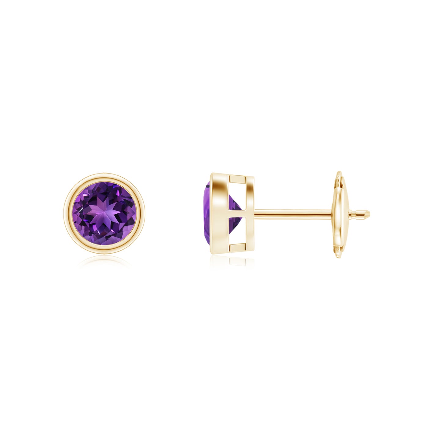 4mm AAAA Bezel-Set  Amethyst Solitaire Stud Earrings in Yellow Gold