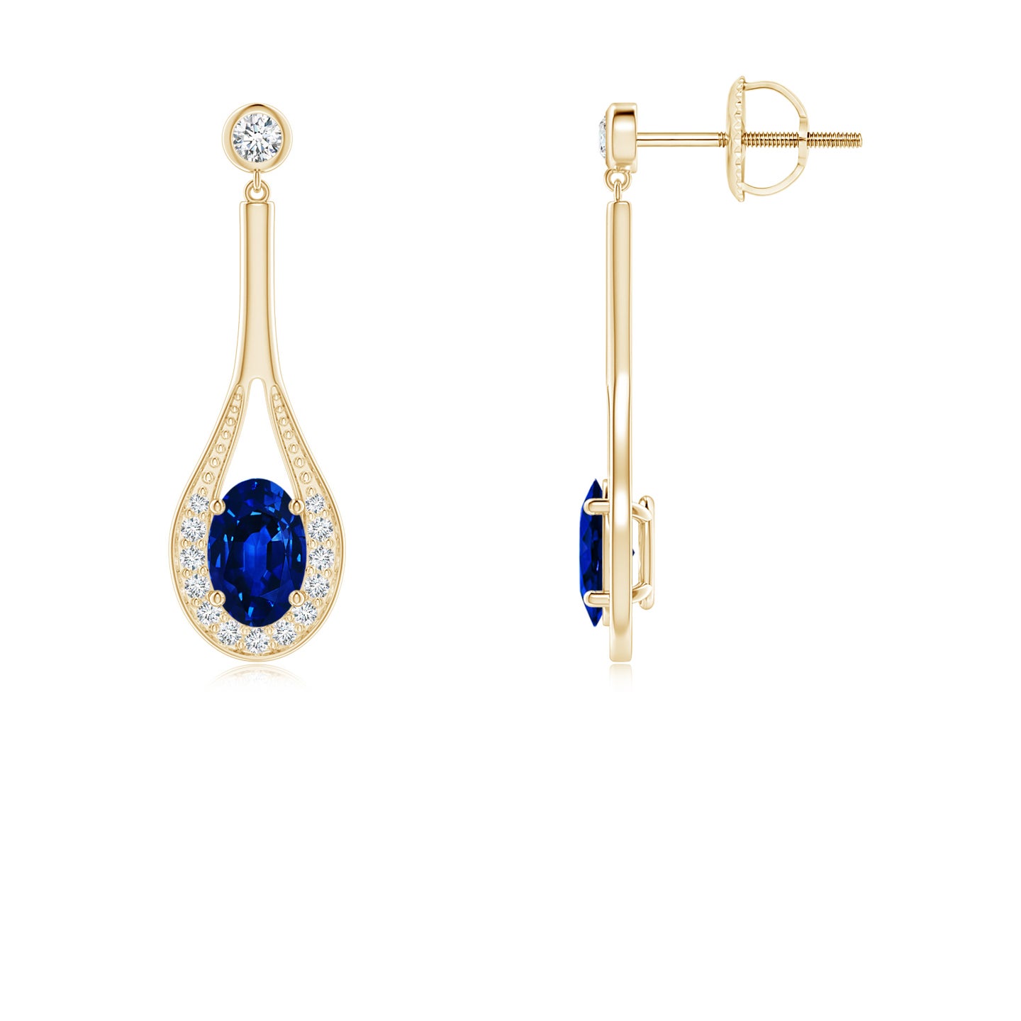 Oval Blue Sapphire Long Drop Earrings with Diamond
