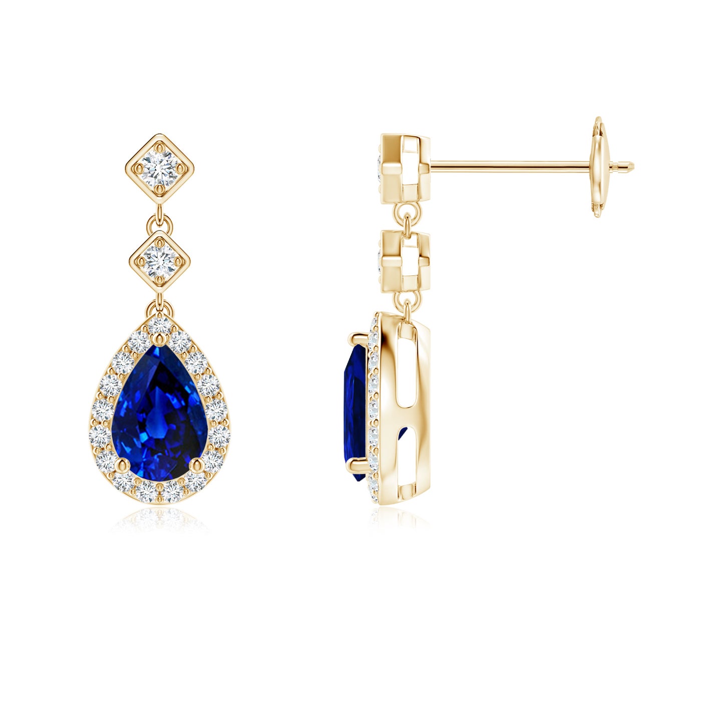 6x4mm AAAA Pear Blue Sapphire Drop Earrings with Diamond Halo in Yellow Gold