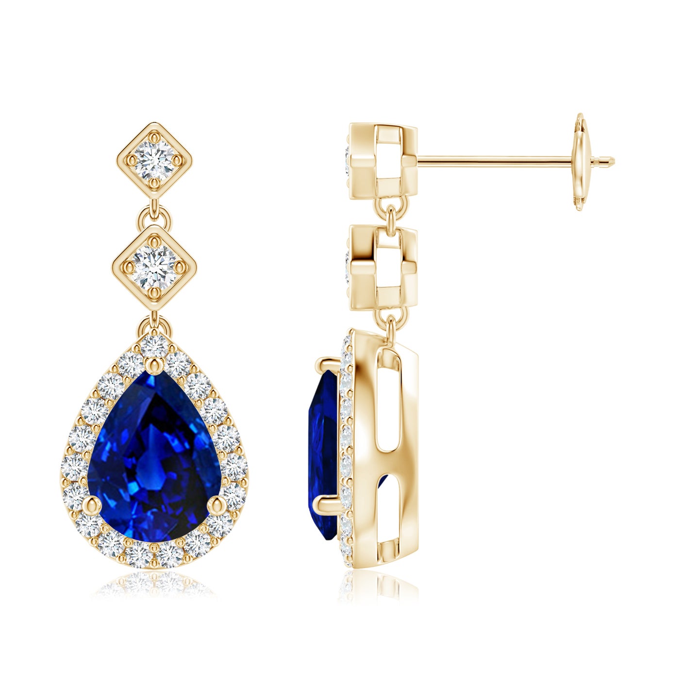 Lab-Grown Pear Blue Sapphire Drop Earrings with Lab Diamond Halo