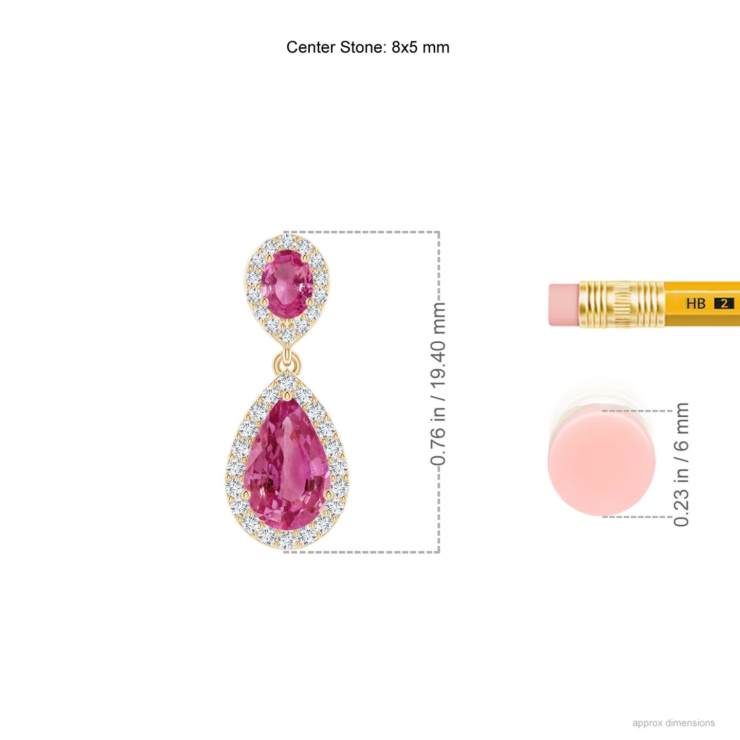 8x5mm AAAA Oval & Pear Pink Sapphire Drop Earrings with Diamond Halo in Yellow Gold