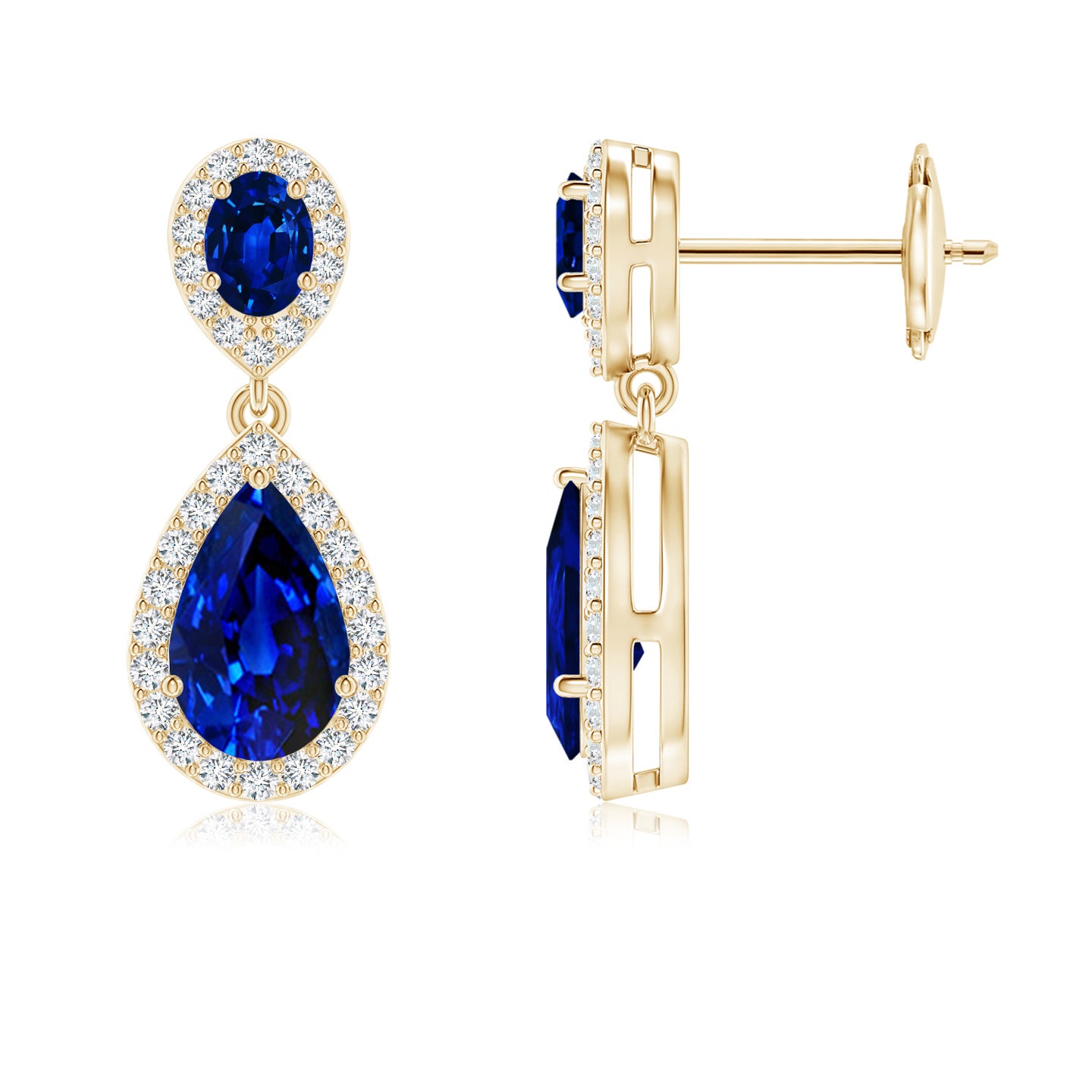 Oval Pear Blue Sapphire Drop Earrings with Diamond Halo