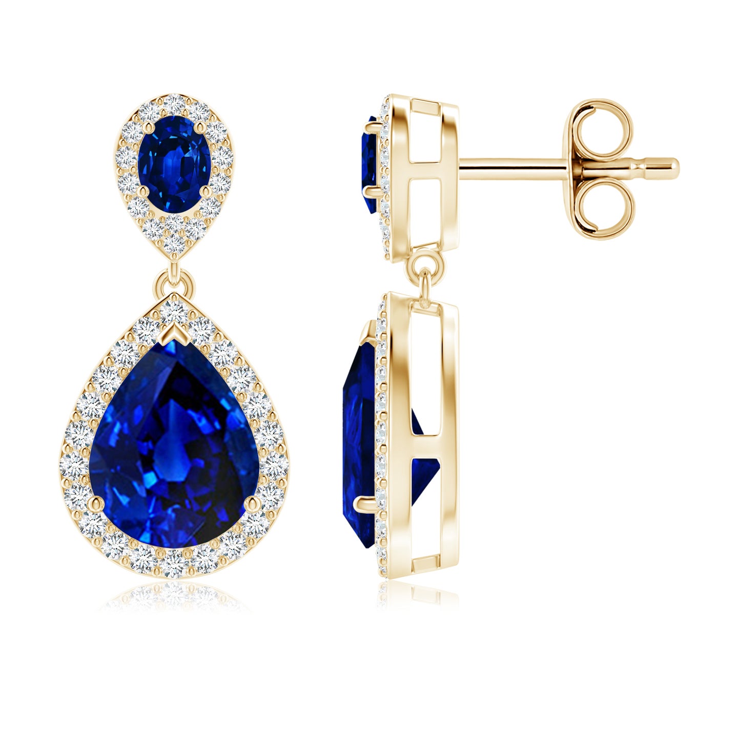 Oval and Pear Lab-Grown Blue Sapphire Halo Drop Earrings