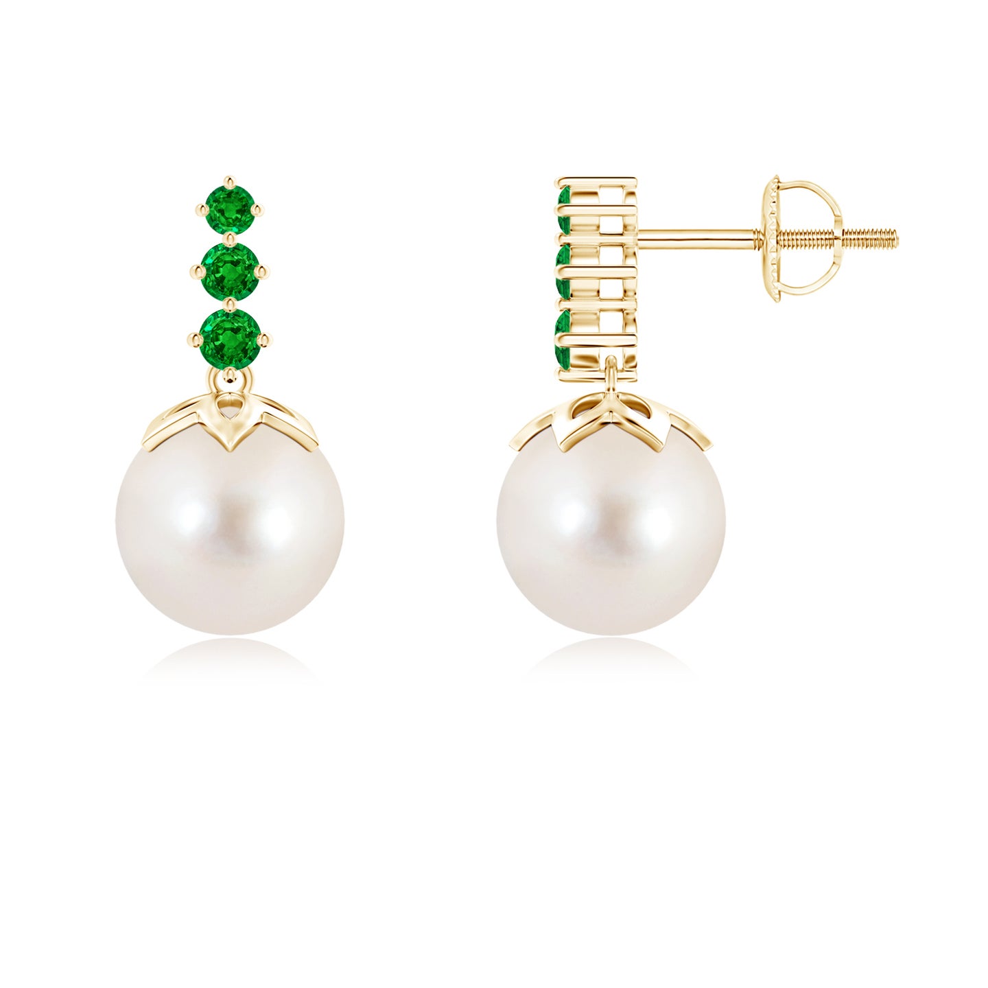 8mm AAAA Freshwater Pearl Earrings with Graduated Emerald in Yellow Gold