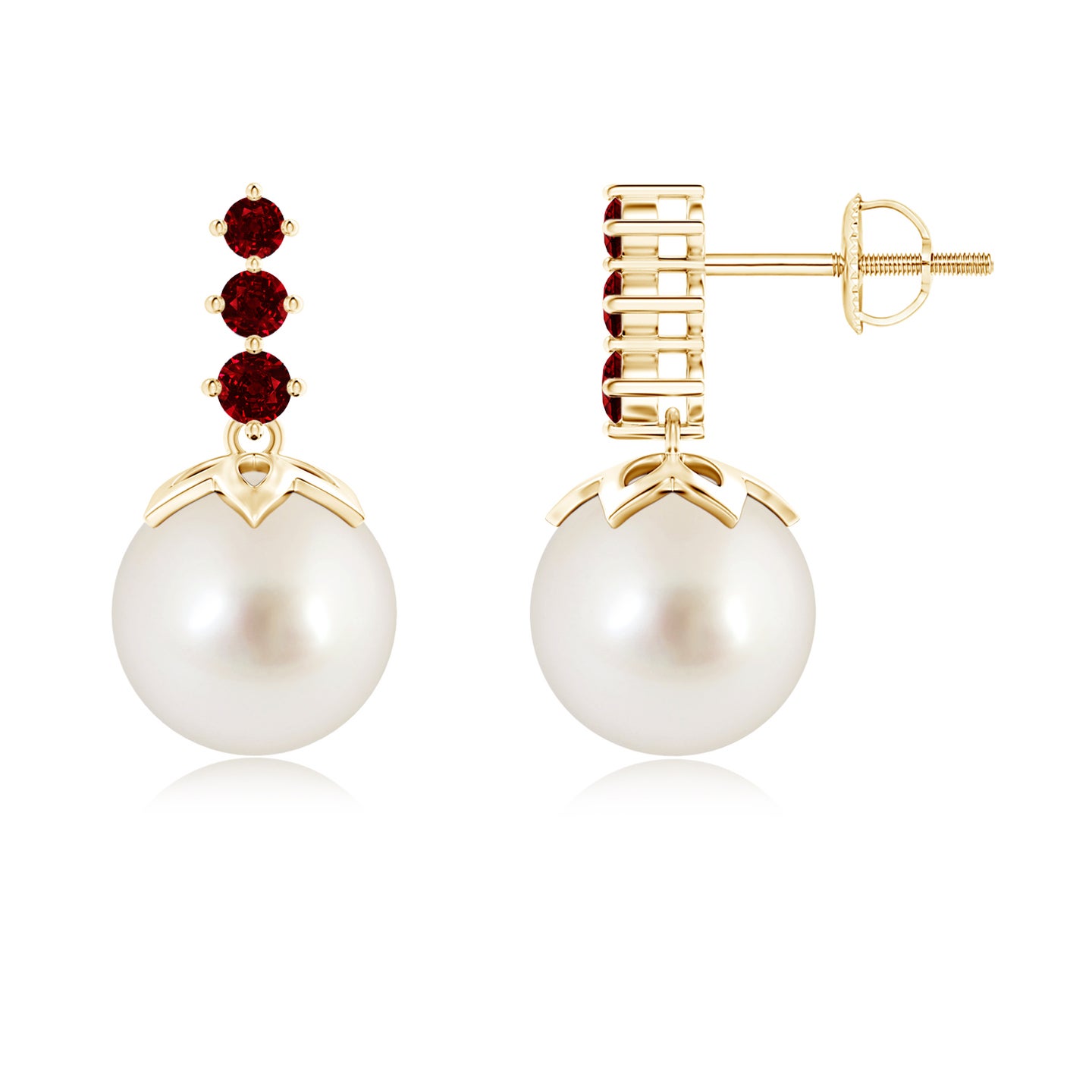 9mm AAAA South Sea Pearl Earrings with Graduated Ruby in Yellow Gold 9mm AAAA South Sea Pearl Earrings with Graduated Ruby in Yellow Gold