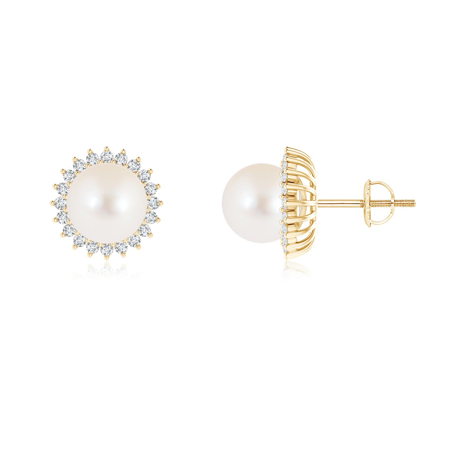8mm AAA Freshwater Pearl and Diamond Flower Halo Studs in Yellow Gold