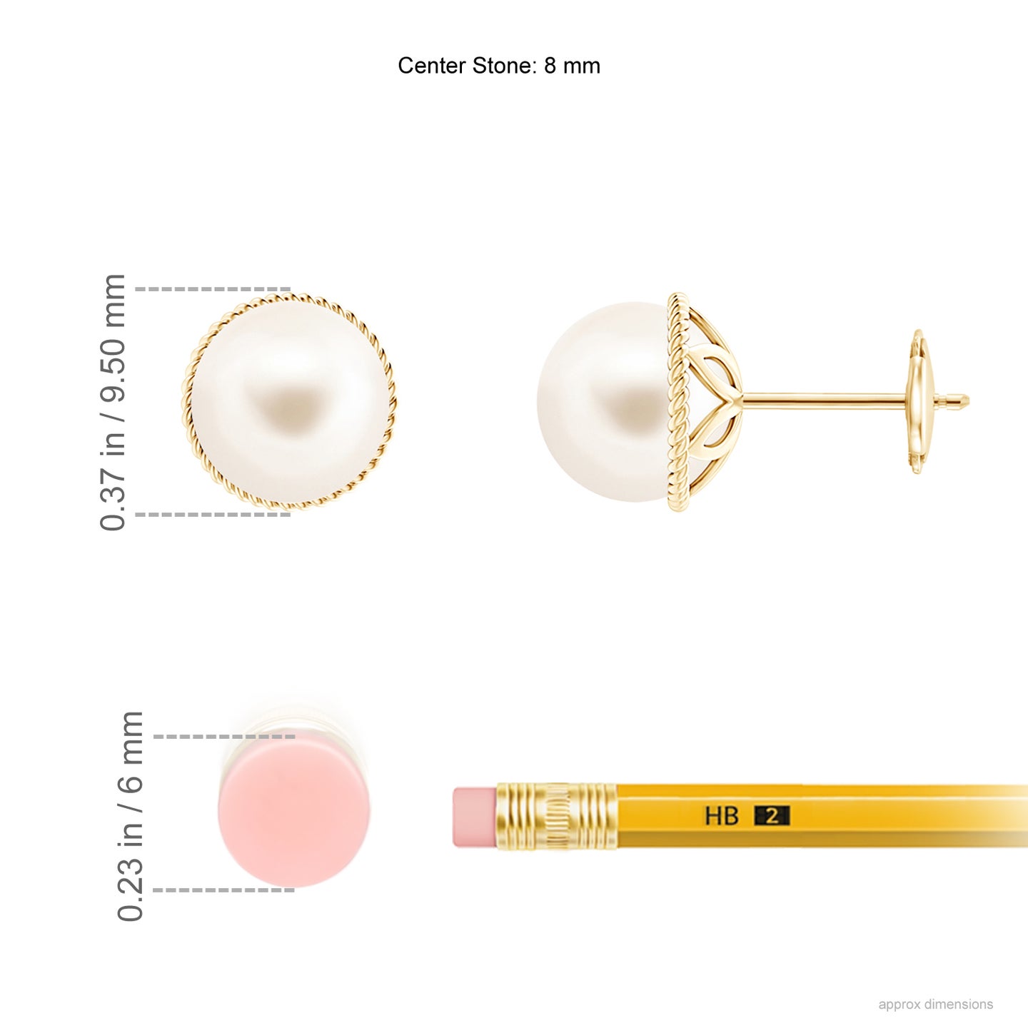 8mm AAA Freshwater Pearl Earrings with Twisted Rope Frame in Yellow Gold