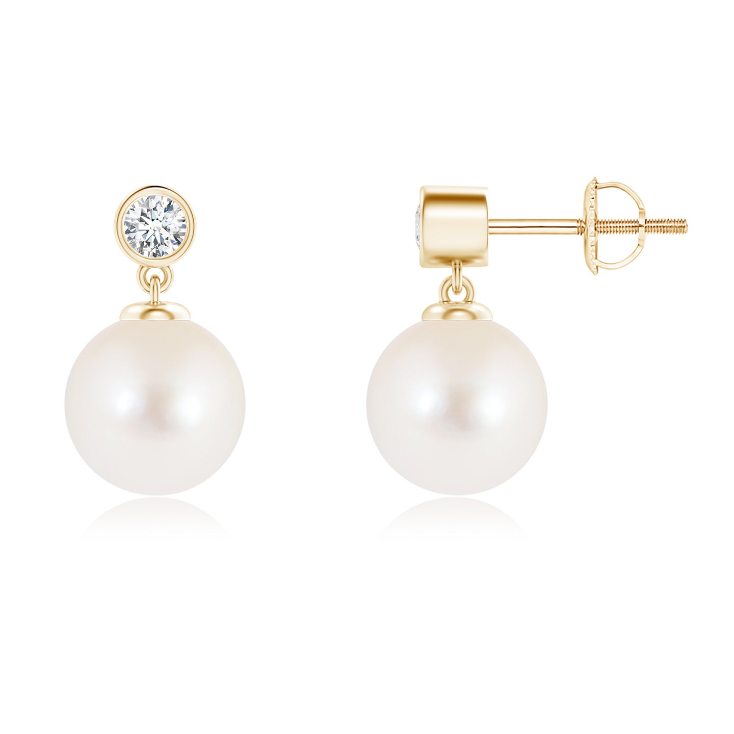 8mm AAA Freshwater Pearl Drop Earrings with Bezel Diamond in Yellow Gold