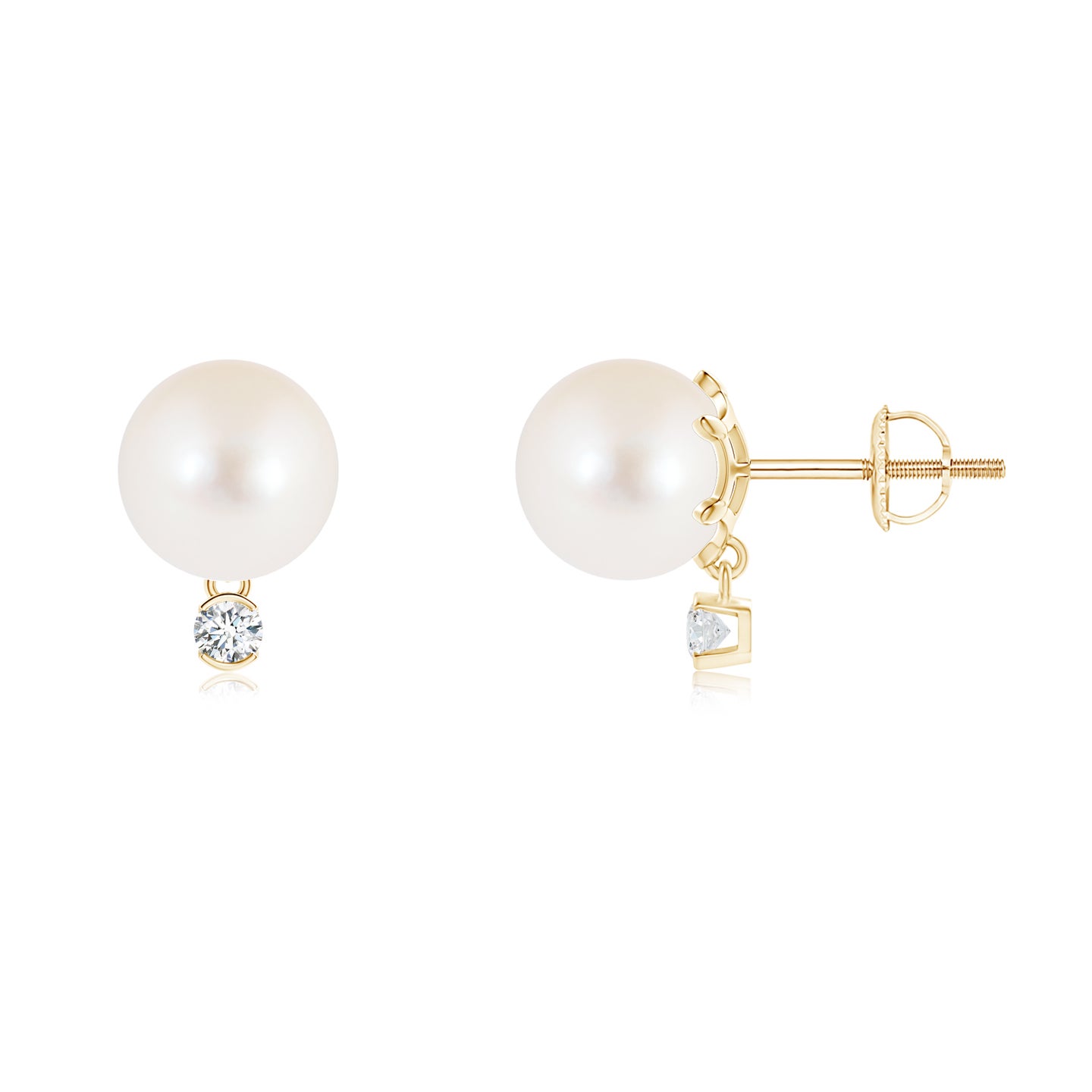 8mm AAA Freshwater Pearl Studs with Diamond in Yellow Gold