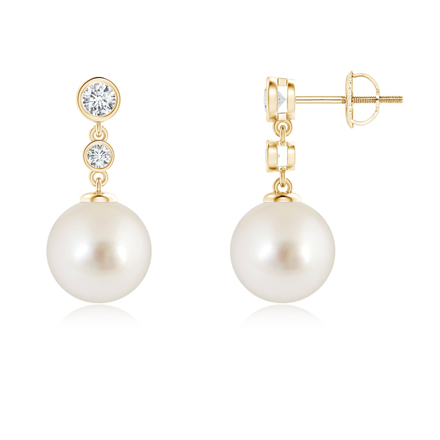 9mm AAAA South Sea Pearl Drop Earrings with Bezel Diamonds in Yellow Gold 9mm AAAA South Sea Pearl Drop Earrings with Bezel Diamonds in Yellow Gold