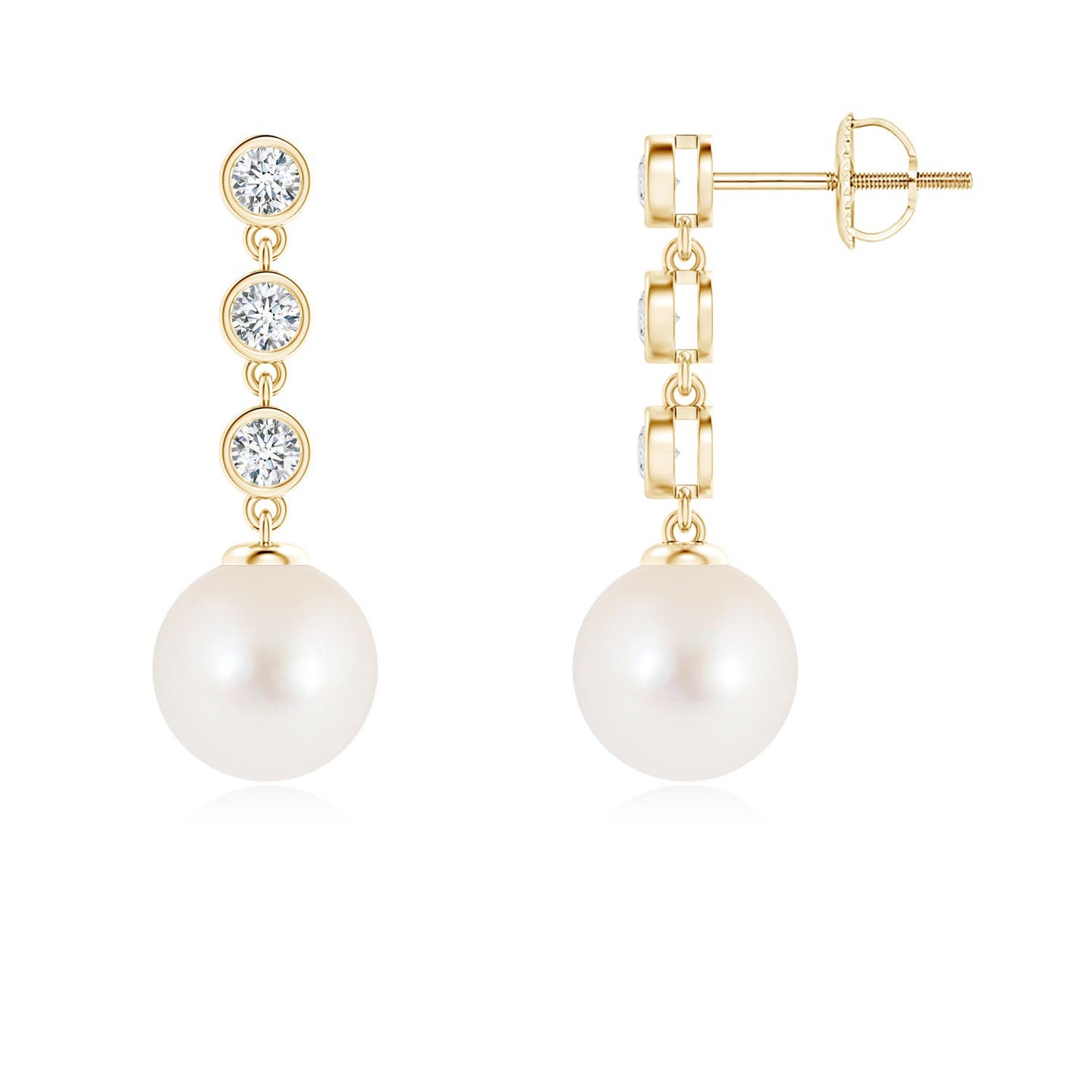8mm AAA Freshwater Pearl Dangle Earrings with Bezel Diamonds in Yellow Gold