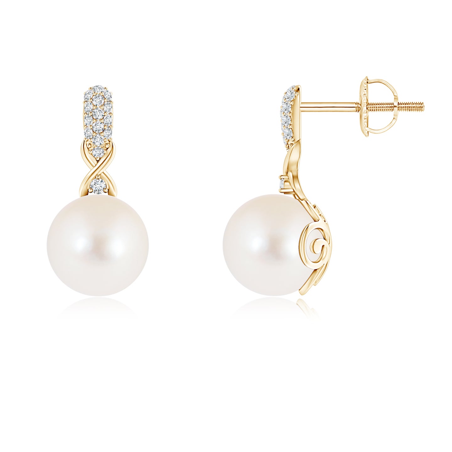 8mm AAA Freshwater Pearl Infinity Earrings with Diamonds in Yellow Gold