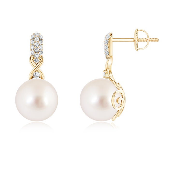 9mm AAAA South Sea Pearl Infinity Earrings with Diamonds in Yellow Gold 9mm AAAA South Sea Pearl Infinity Earrings with Diamonds in Yellow Gold