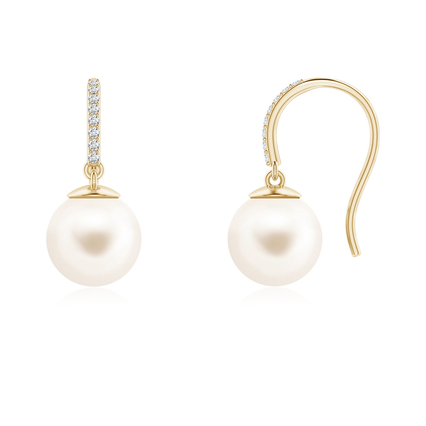 8mm AAA Classic Freshwater Pearl and Diamond Drop Earrings in Yellow Gold