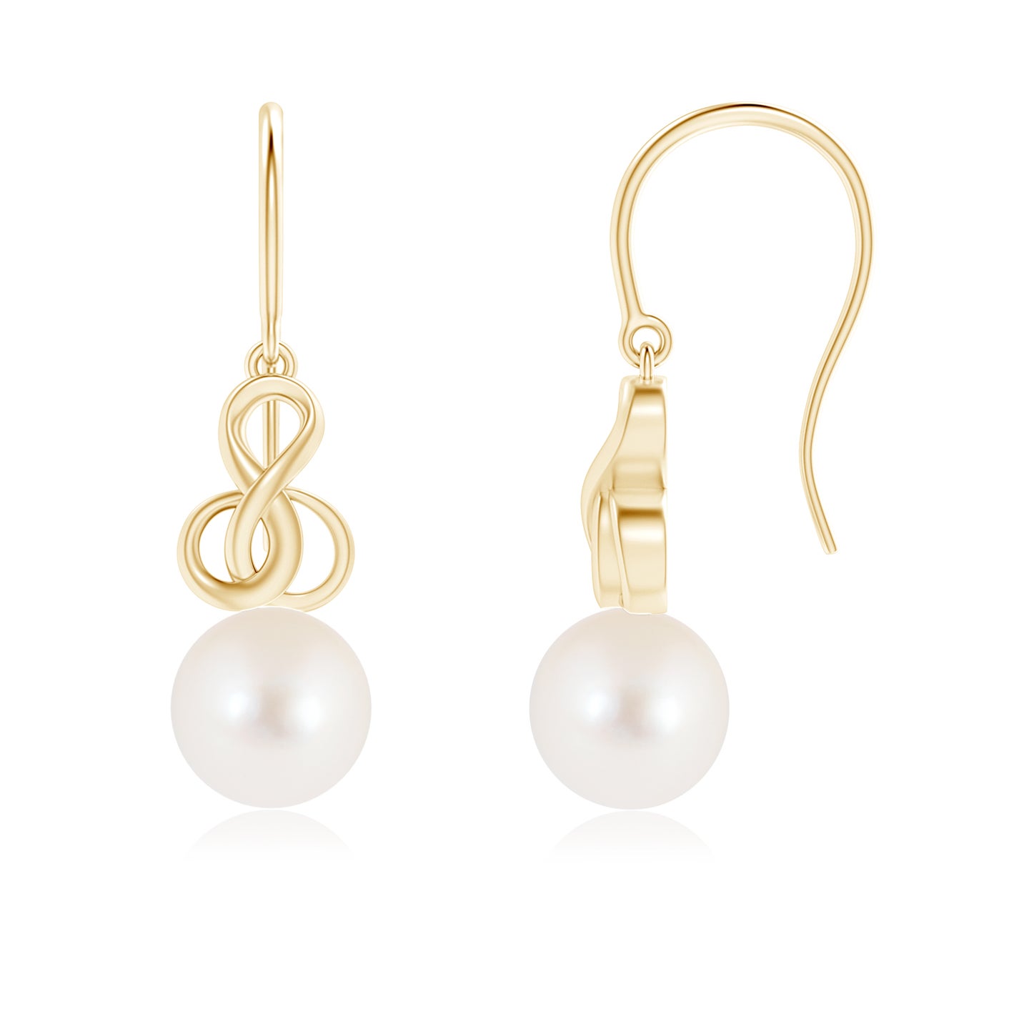 8mm AAA Freshwater Pearl Intertwined Infinity Earrings in Yellow Gold