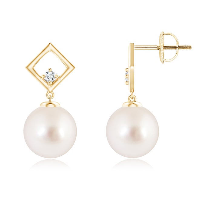 9mm AAAA South Sea Cultured Pearl and Diamond Geometric Drop Earrings in Yellow Gold 9mm AAAA South Sea Cultured Pearl and Diamond Geometric Drop Earrings in Yellow Gold