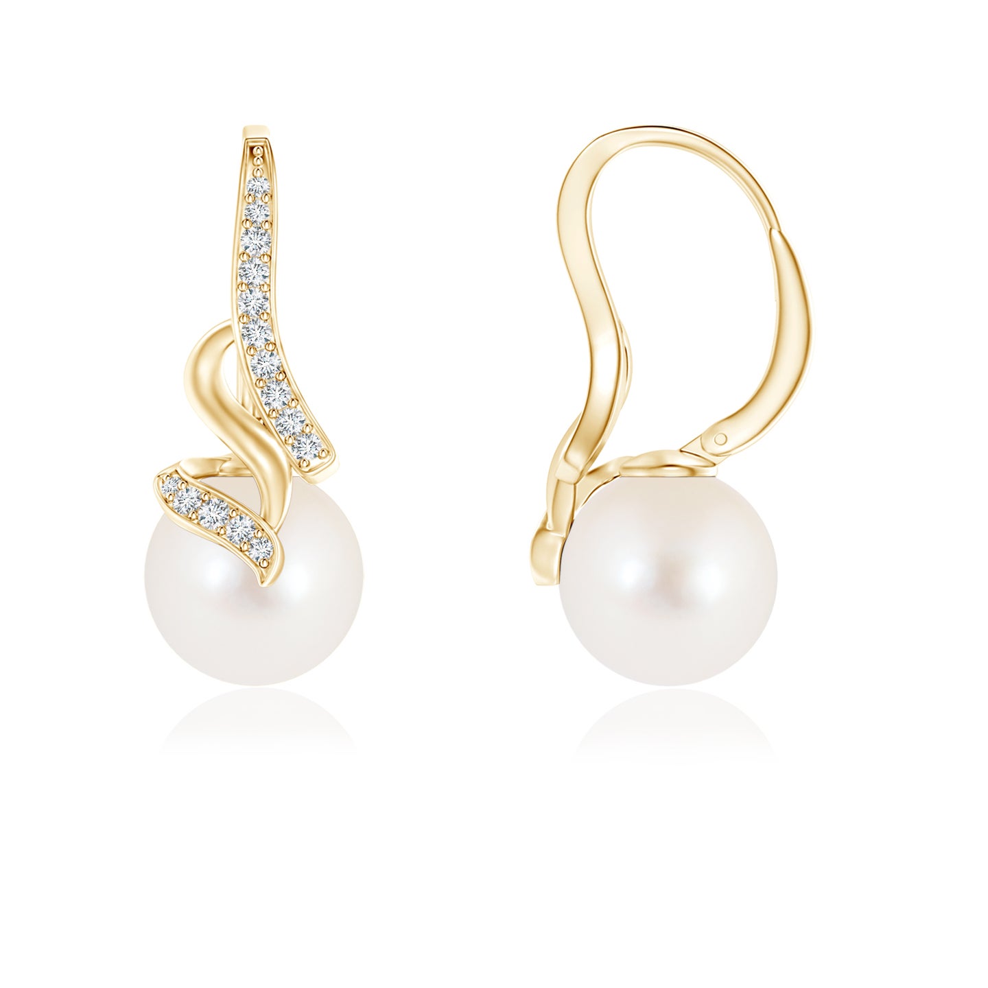 8mm AAA Freshwater Pearl Swirl Leverback Earrings in Yellow Gold