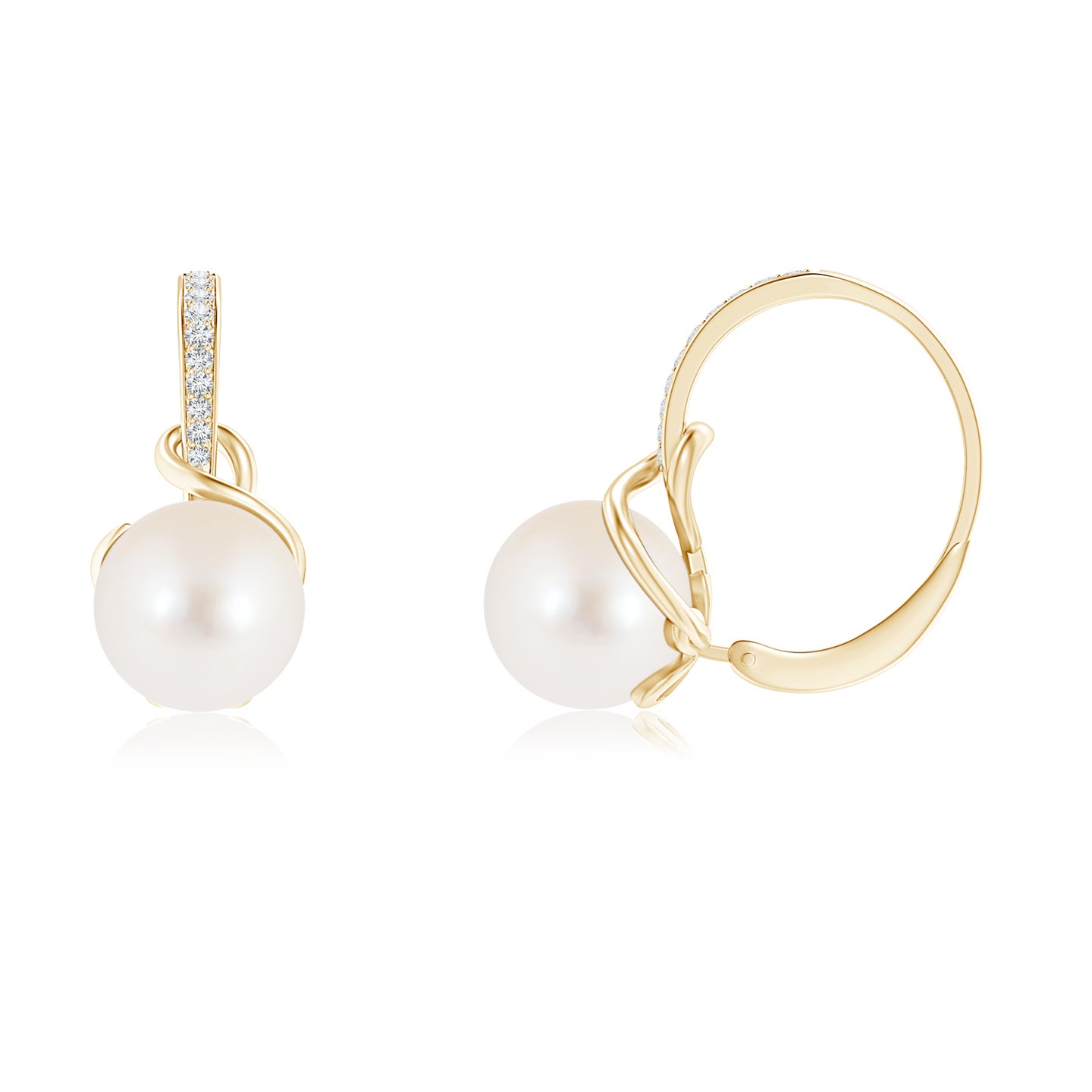 8mm AAA Solitaire Freshwater Pearl Leverback Earrings in Yellow Gold