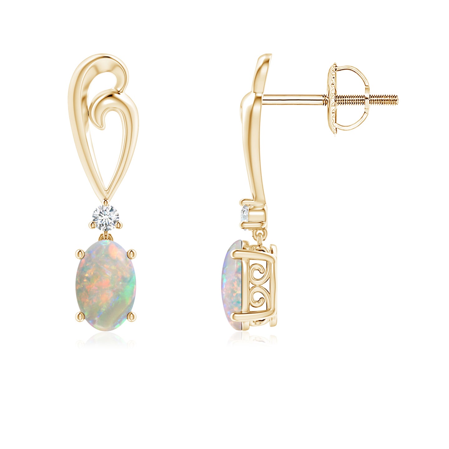 6x4mm AAAA Solitaire Oval Opal Swirl Drop Earrings with Diamond in Yellow Gold