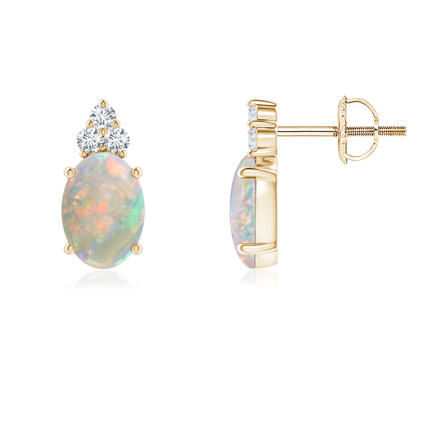 7x5mm AAAA Classic Oval Opal Solitaire Stud Earrings with Trio Diamonds in Yellow Gold