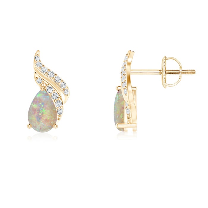 6x4mm AAAA Pear-Shaped Opal and Diamond Flame Earrings in Yellow Gold