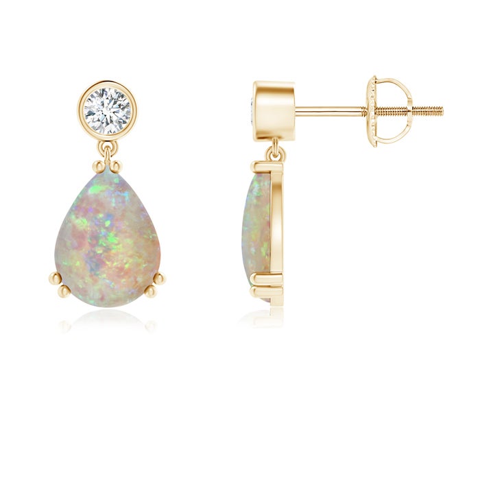 8x6mm AAAA Pear Opal Drop Earrings with Bezel Diamond in Yellow Gold