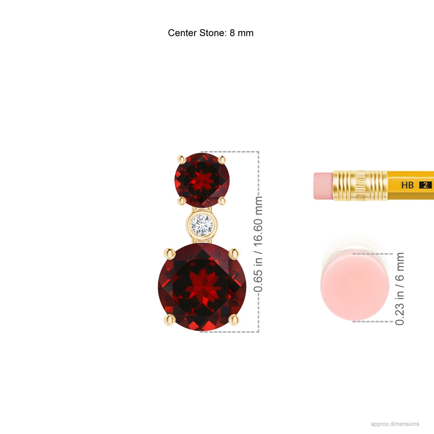 8mm AAAA Classic Garnet Two Stone Drop Earrings with Bezel Diamond in Yellow Gold